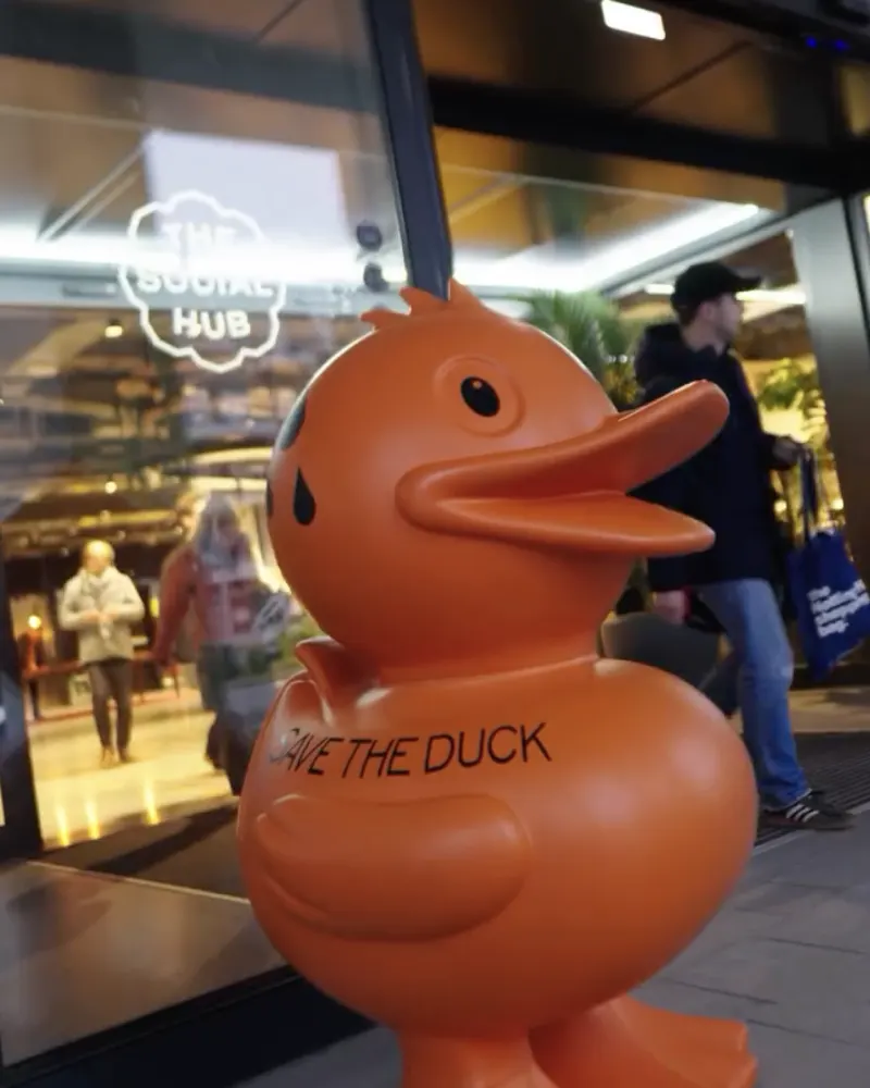 Save The Duck mascot outside The Social Hub entrance